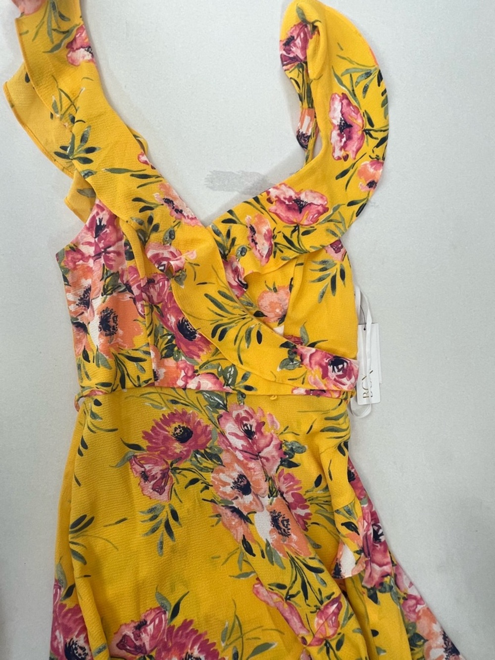 BCX Yellow L Floral Ruffle Maxi Strappy Dopamine Feminine V-Neck Summer Dress